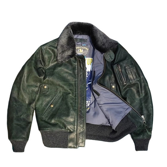 B15版空飞梦露飞行服轻涂油蜡头层小马皮真皮皮衣男可拆卸羊毛领