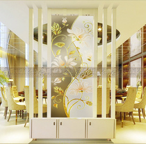 New Chinese art glass screen partition double-sided matte translucent process living room background wall tempered entrance lotus