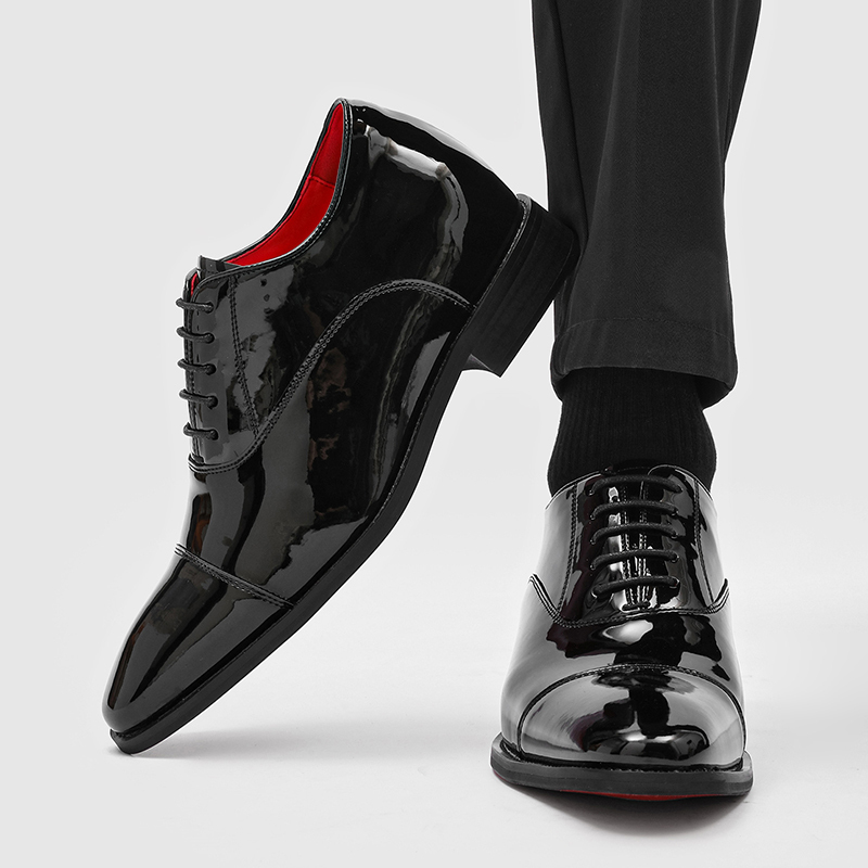Glossy Casual Leather Shoes for Men, Business Formal Wear, Black with Red Soles, Wedding Groom's Invisible Height-Increasing 7cm Derby Shoes for Men