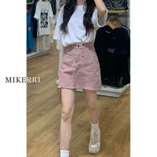 Розовая летняя приталенная джинсовая юбка, мини-юбка, большой размер, высокая талия, для формы тела «груша», А-силуэт