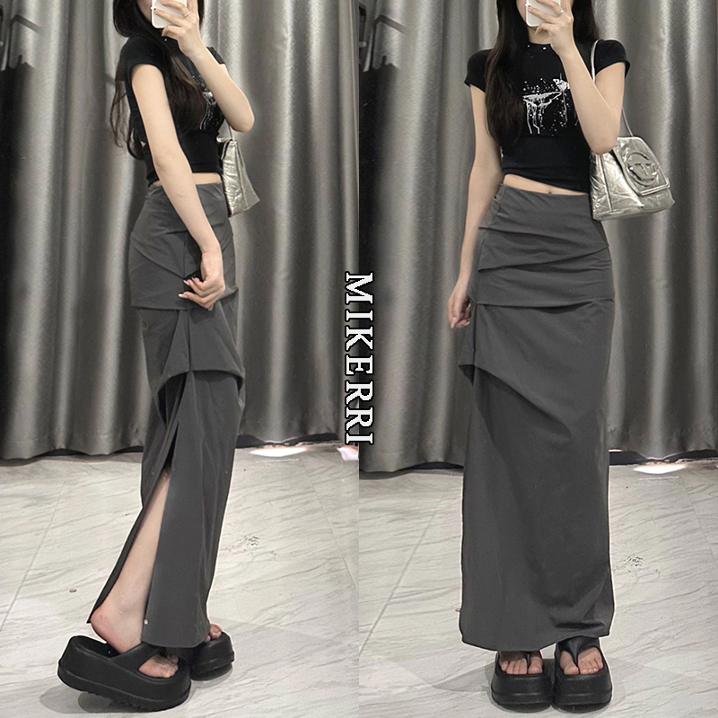ダークグレーの作業着スカート、女性用、ハイウエスト、夏用、大きいサイズ、太めのmm、お腹をカバー、スリム、スリット入り、ミディアム、ロング丈、ヒップスカート