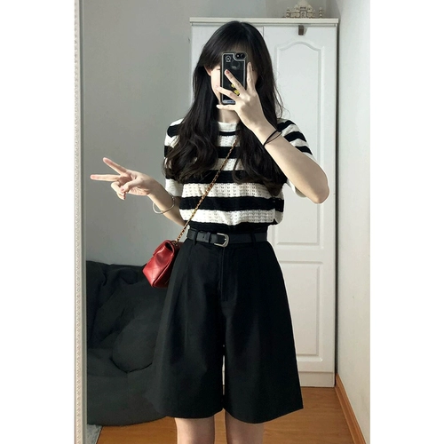 Черный тонкий костюм, шорты, летние штаны для отдыха, большой размер, высокая талия, свободный прямой крой