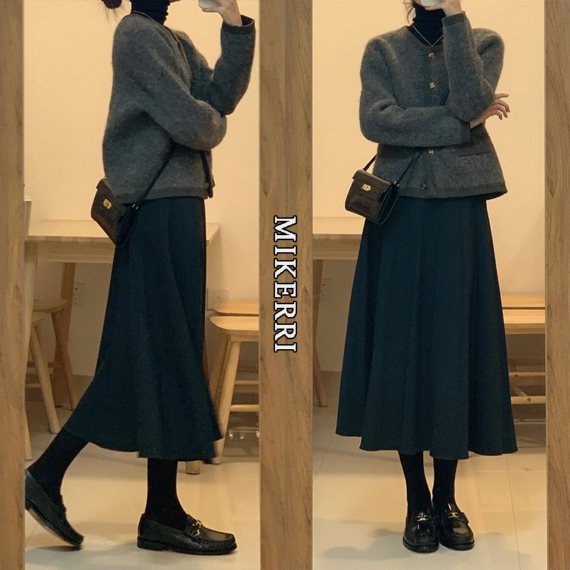 Black Woolen Skirt for Women, Autumn, Plus Size, Belly-Covering, Slimming, Pear-Shaped Body, Mid-Length A-Line Umbrella Skirt Black Woolen Skirt for Women, Autumn, Plus Size, Belly-Covering, Slimming, Pear-Shaped Body, Mid-Length A-Line Umbrella Skirt