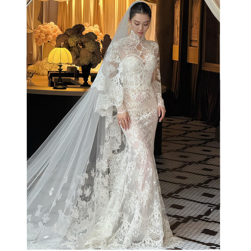 Vintage Hollow-Out High-Neck Long-Sleeve Lace Mermaid Wedding Dress with Detachable Train for the Bride