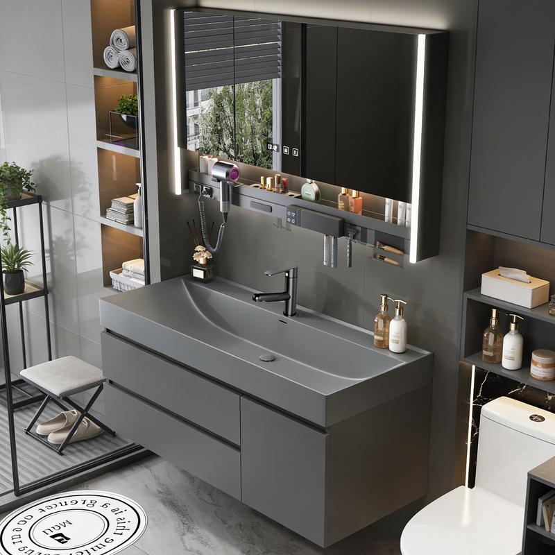 Gold-Plated Stone Integrated Basin Bathroom Cabinet Washstand New Smart Mirror Cabinet Combination Bathroom Cabinet Washbasin