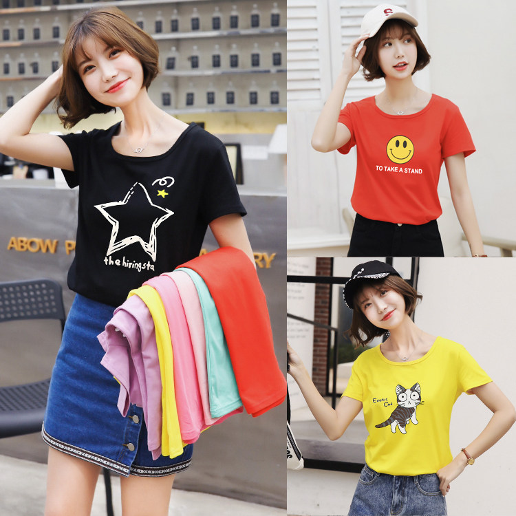 淘宝转运女装批发厂家直销直批地摊货源2019新款夏装圆领印花短袖彩色T恤