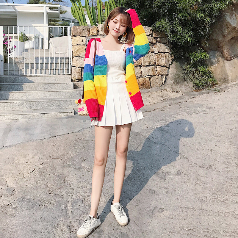 Rainbow sweater women's 2020 spring and Autumn Korean edition loose shag wool coat small fresh sweater cardigan outer wear
