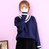 Sweater womens spring and autumn new 2021 college style wild V-neck loose pullover thickened lazy wind long-sleeved sweater