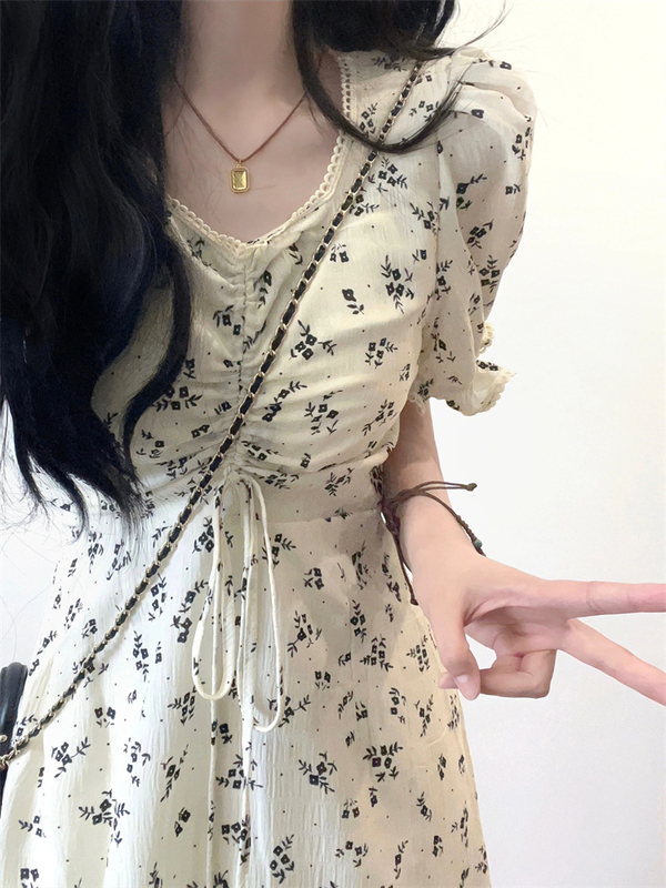 Floral Dress, Summer High-End French Retro V Neck Drawstring Pleated Puff Sleeves, Super Fairy High-Waisted Elegant Long Skirt Floral Dress, Summer High-End French Retro V Neck Drawstring Pleated Puff Sleeves, Super Fairy High-Waisted Elegant Long Skirt
