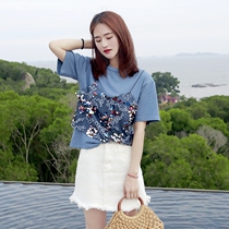 Sequin t-shirt womens 2021 new summer net red fake two-piece suspender stitching loose short-sleeved top blue t-shirt tide
