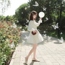White dress 2021 spring and summer new waist small skirt fairy super fairy sen long-sleeved chiffon skirt