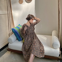 French vintage floral dress female spring and autumn 2021 new waist thin temperament inner play knee long skirt