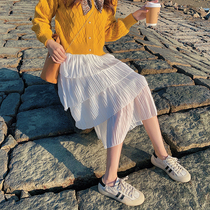 White skirt women 2021 Spring and Autumn New High waist slim long little cake skirt hanging feeling A- line dress