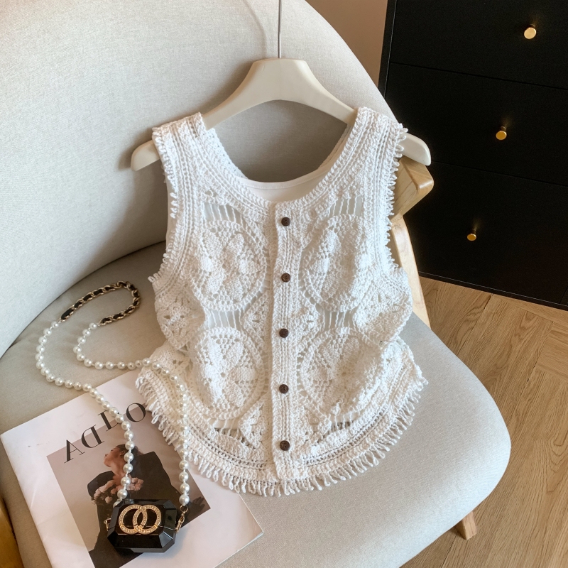 Guangzhou Thirteen Rows High-Quality Popular Item~ Hollow-Out Patchwork Tassel Strap Knitted Vest for Women, Thin Summer Outerwear