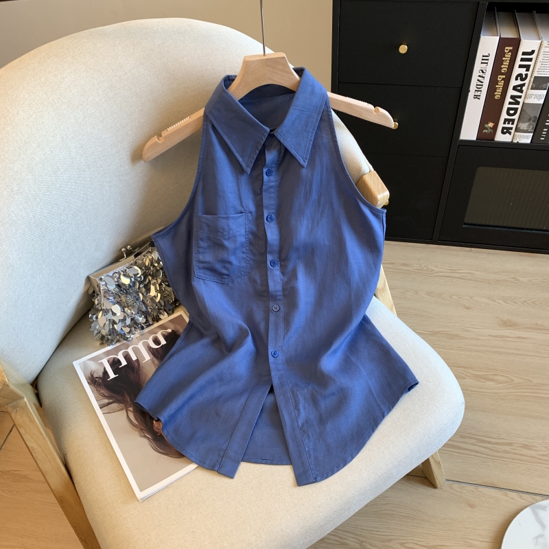 Guangzhou Thirteen Rows High-Quality Popular Item~ Smoke Prince Old Money Style Linen Cool Sleeveless Shirt for Women Summer