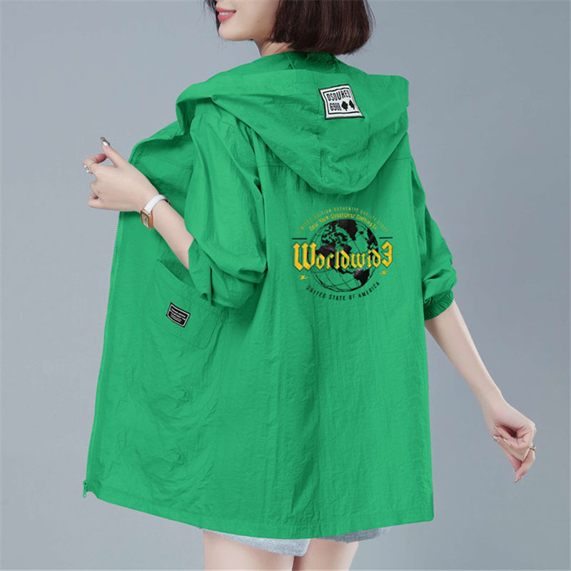 Mid-Length Loose-Fitting Printed Sun Protection Clothing for Women, Summer Breathable Sun Protection Clothing, Hooded Zipper Long-Sleeved Jacket, Thin Style Mid-Length Loose-Fitting Printed Sun Protection Clothing for Women, Summer Breathable Sun Protection Clothing, Hooded Zipper Long-Sleeved Jacket, Thin Style