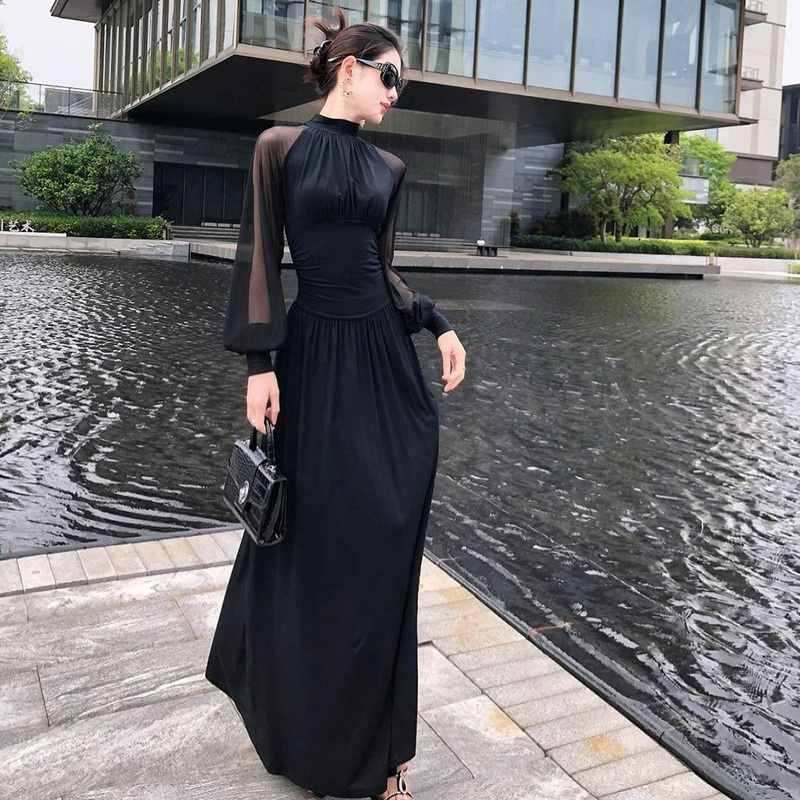 Elegant French-Style Black Mesh Dress for Women, New Autumn Collection, Stand-Up Collar, Pleated, Slim-Fitting Little Black Dress, Long Skirt