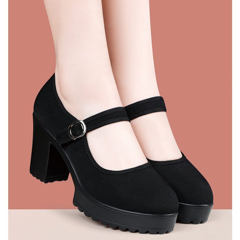 Waterproof Shoes Black Suede Model New Cheongsam High Heels Beijing Cloth Shoes Thick Sole Round Toe Soft Sole Mom Waterproof Shoes Black Suede Model New Cheongsam High Heels Beijing Cloth Shoes Thick Sole Round Toe Soft Sole Mom