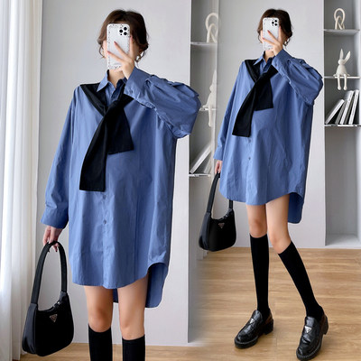 Autumn New Large Size Maternity Dress Thin Dress Net Red Suit Tide Mom Shirt Western Style Shirt Long Sleeve Top