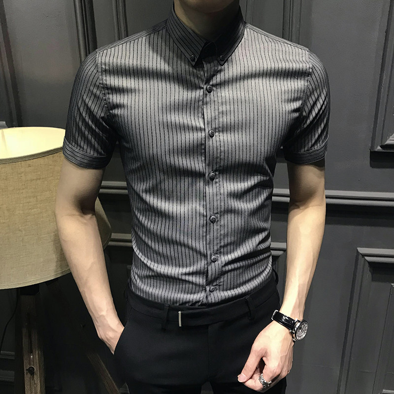 New striped men short sleeve positive dress shirt casual sashimi Inren shirt upright streaks half sleeve trend inch business