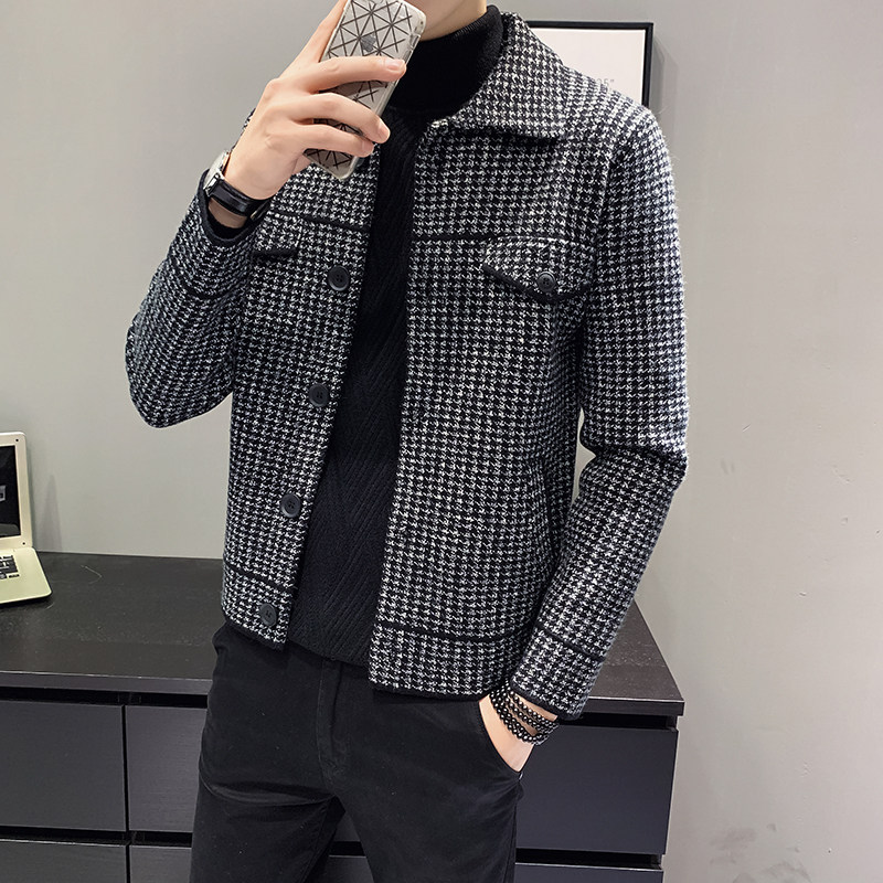 2020 new British style houndstooth short jacket men's knitted jacket men's Korean style slim jacket trendy