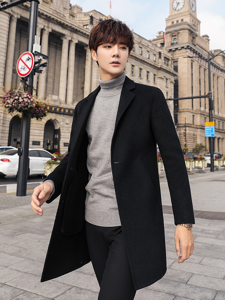 British Men's Winter Wool Wool Coat Black Double-sided Cashmere Coat Men's Mid-length Korean Style Slim Coat