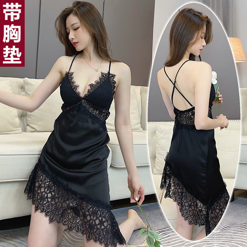 2021 new sexy nightdress for women Xia Bingsi irregular lace temptation deep V cross suspender skirt with chest pad