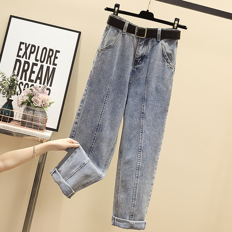 High waist jeans woman 2021 spring autumn season new large size size fat mm Korean version student straight cylinder loose 100 lap pants