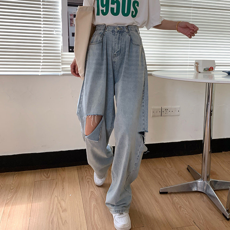 Breaking Hole Jeans Woman 2021 New Summer Large Size Straight Cylinder Loose Sense Wide Leg Pants High Waisted Pants Towering Pants
