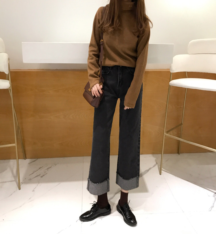 Curl Jeans Woman Loose Autumn Winter New large size Korean version High waist display slim 100 lap straight drum curled wide-leg pants