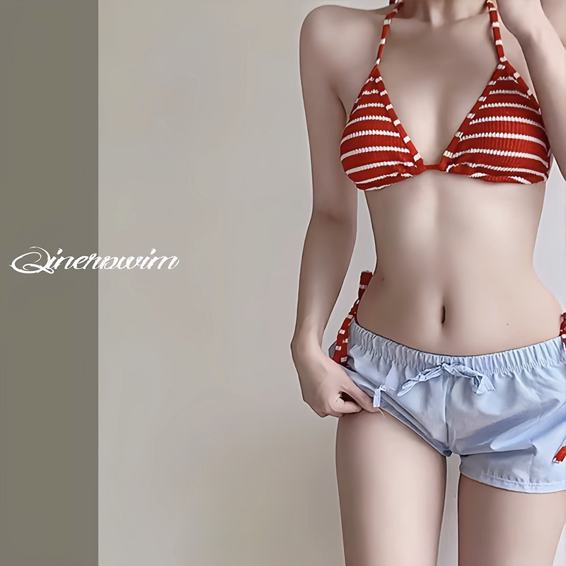 2025 New Retro Striped Bikini Three-Piece Set Small Bust Sexy Split Swimsuit for Hot Springs, Beach, Vacation, Student
