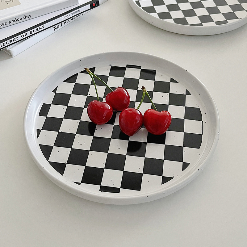 Plate Home Ceramic Steak Dinner Dinner Plate Dish Cut fat Sub-plate Retro Chessboard Grid Creative Disc 2022 New-Taobao
