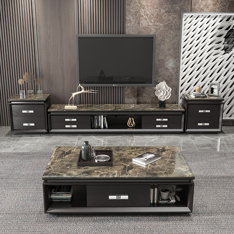 Marble coffee table TV cabinet combination Natural simple modern Chinese style large household living room design square outfit