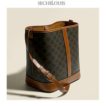 Light luxury retro style old flower leather bucket bag women European and American fashion commuter color cowhide casual shoulder shoulder bag