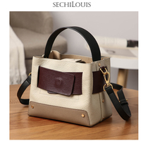 Fashion colorblock leather large capacity bucket bag womens Hand bag temperament new mother bag cowhide leather shoulder shoulder bag