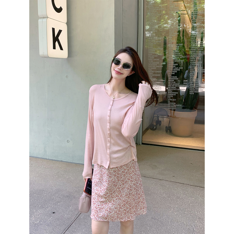 Dabai Dbai【Pink Button-Up Shirt】Pink Pure Cotton Round Neck Long-Sleeved Cardigan for Women, Summer Loose and Versatile Top Dabai Dbai【Pink Button-Up Shirt】Pink Pure Cotton Round Neck Long-Sleeved Cardigan for Women, Summer Loose and Versatile Top