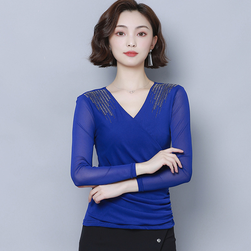 New elastic mesh yarn Morden dance blouse national standard dance practice long sleeve sexy cross V collar Skinny T-shirt