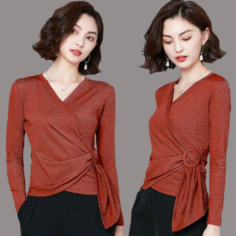 Spring new long-sleeved modern dance practice clothes solid color V-neck national standard dance top square dance stretch mesh bottoming shirt