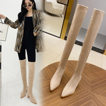Pointed high-heeled boots womens velvet over-the-knee boots 2020 new boots small stretch boots apricot gray