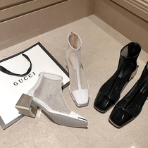 Square sandals Martin boots womens summer thin breathable hollow mesh booties thick heel cool boots womens 2021 mesh boots