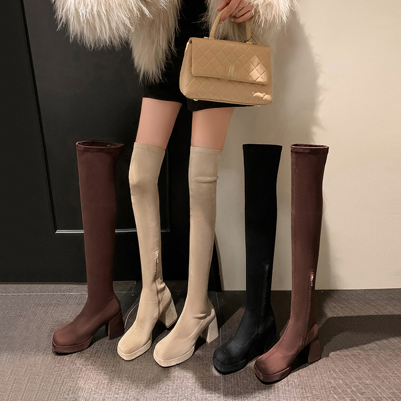 Xuan Le Shaer Elastic Boots for Women, Petite Long Boots with Waterproof Platform, Thick Sole, High Heel, Over-The-Knee Boots, Suede Khaki Color