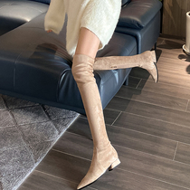 Flat boots womens over-the-knee boots thin pointed high boots childrens 2021 new elastic boots plus velvet apricot color