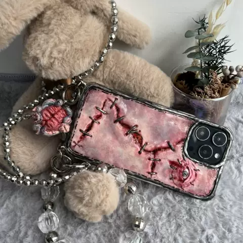 Handmade Pink Scarred Skin Phone Case | Eye Illustration | Metal Staples | Beaded Lanyard Strap | Organ Charm | Pom-Pom – Pro/Plus/Max/Air – iPhone 17, iPhone 16, iPhone 15, iPhone 14, iPhone 13, iPhone 12