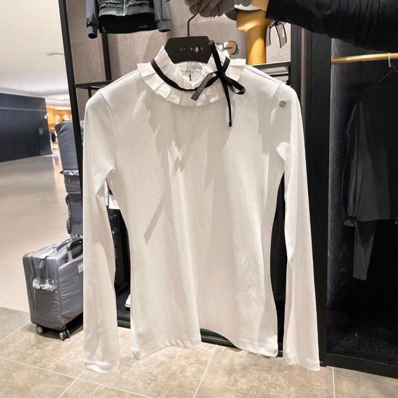 Korean Golf Clothing Women's Spring and Autum Black and White Shirt Collar Slim Long-Sleeved T-Shirt Showing Figure Noble Bow Tie