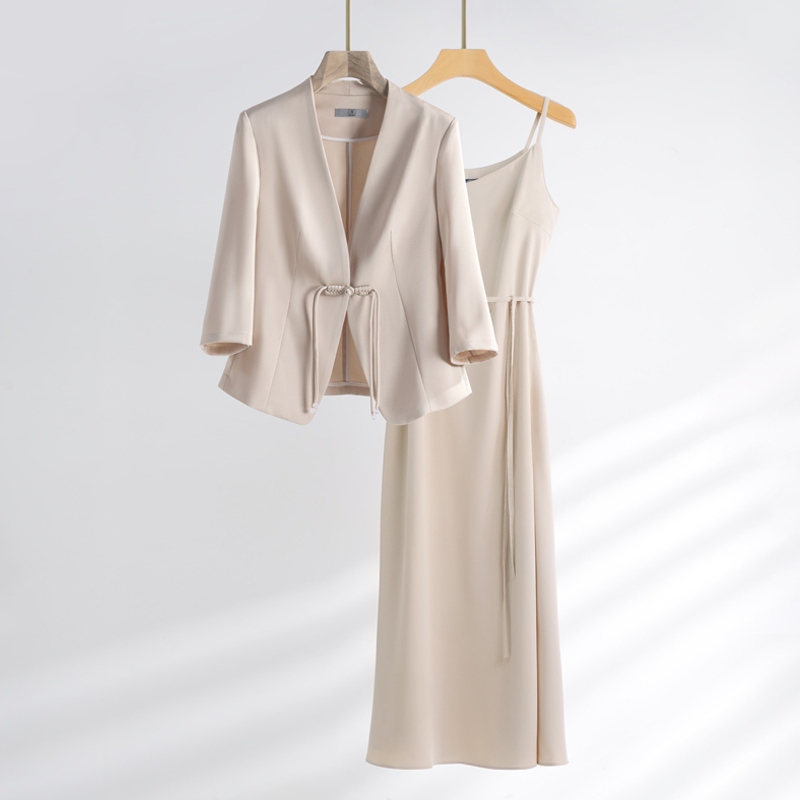 French Rouje Moaks New Chinese-Style Blazer Women's Silk Top Suspender Skirt Professional Formal Two-Piece Set
