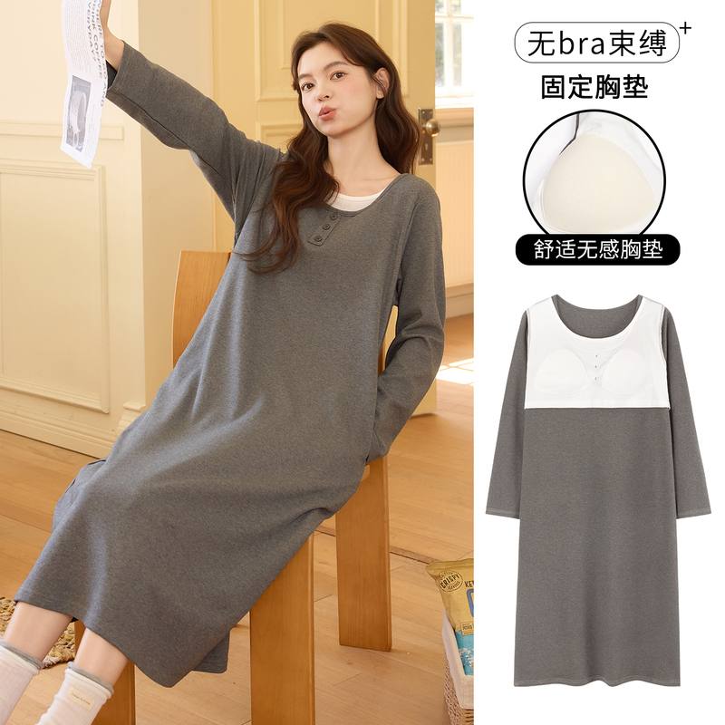 Women's Pure Cotton Long-Sleeved Nightgown, Spring and Autumn Style, with Built-In Fixed Chest Pads, Loose Long Home Dress, Can Be Worn Outside, Mid-Length Dress Women's Pure Cotton Long-Sleeved Nightgown, Spring and Autumn Style, with Built-In Fixed Chest Pads, Loose Long Home Dress, Can Be Worn Outside, Mid-Length Dress