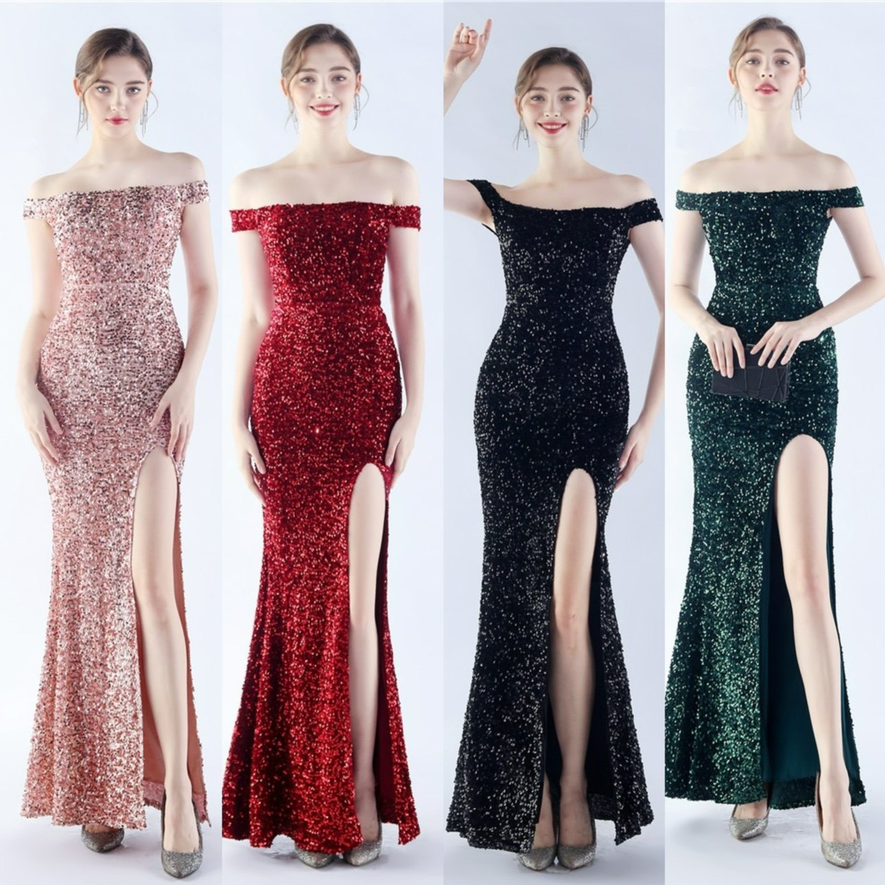 夜店酒吧ktv车模特走秀演出亮片开叉珠片一字肩晚礼服主持人佳丽-Taobao