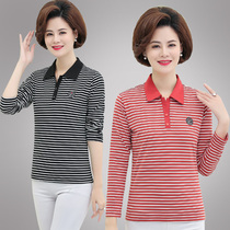 Mid-aged womens clothing pure cotton t-shirt spring new big code mom loaded with middle-aged turtneck striped 40-50 long sleeve blouse