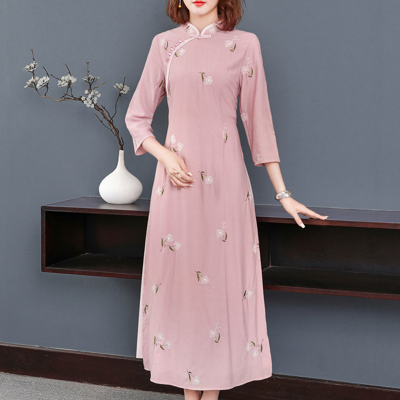 sườn xám Pháp 2020 retro mới màu hồng Trung Quốc gió phiên bản sửa đổi váy Han phụ nữ yếu tố của mùa hè dài