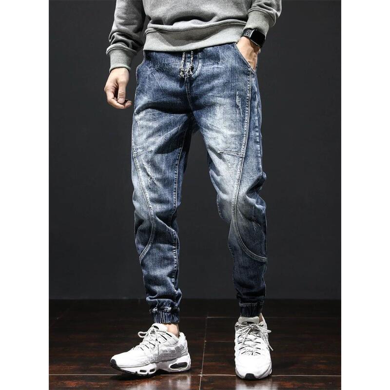 Autumn Style Workwear Jeans for Men, Elastic Waist, Loose Fit, Tapered Legs, Harem Style, Cool and Stylish, High-End Trendy Brand Chic